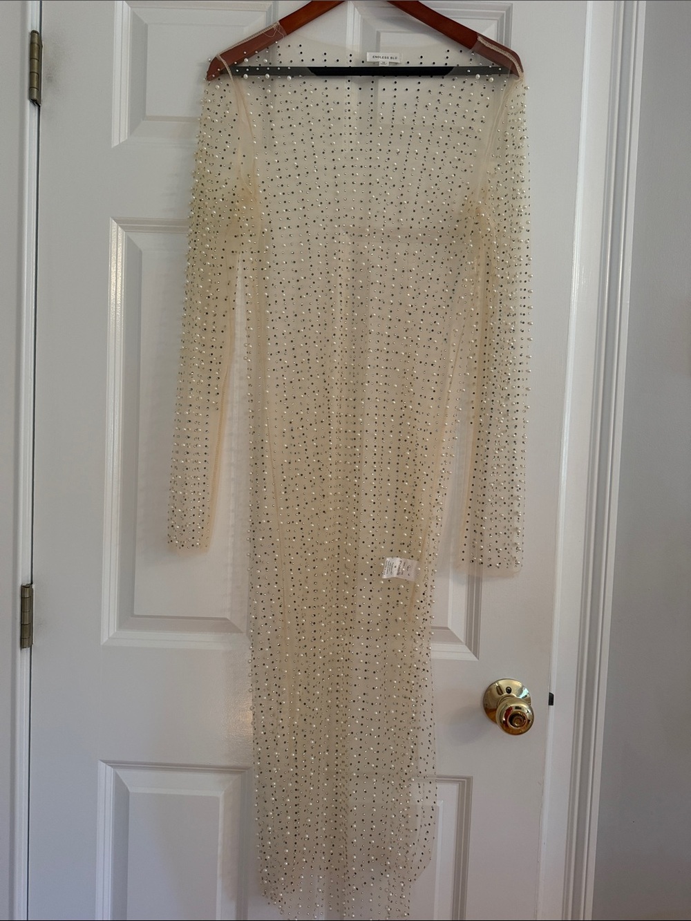 Endless Blu Pearl & Rhinestone Sheer Mesh Duster – Size M